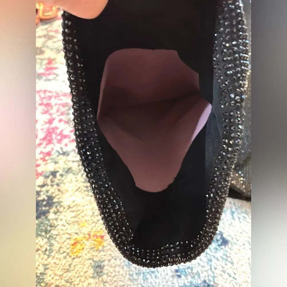 Black Rhinestone Over The Knee Thigh High Pull On Boots Triangle Heel 10
